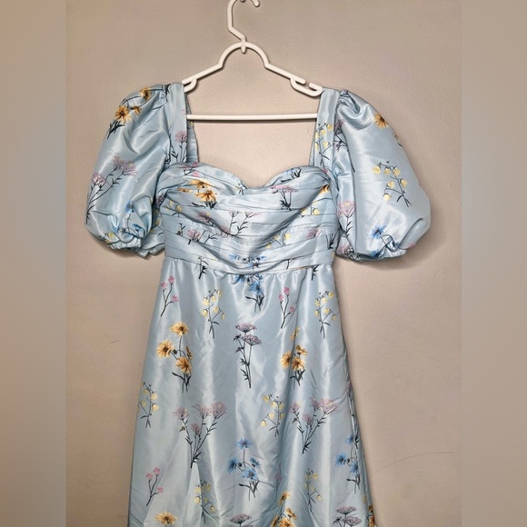 NWOT Self-Portrait Watercolor Taffeta Blue Puff Sleeve Floral Midi Dress Size 6 - Picture 6 of 8